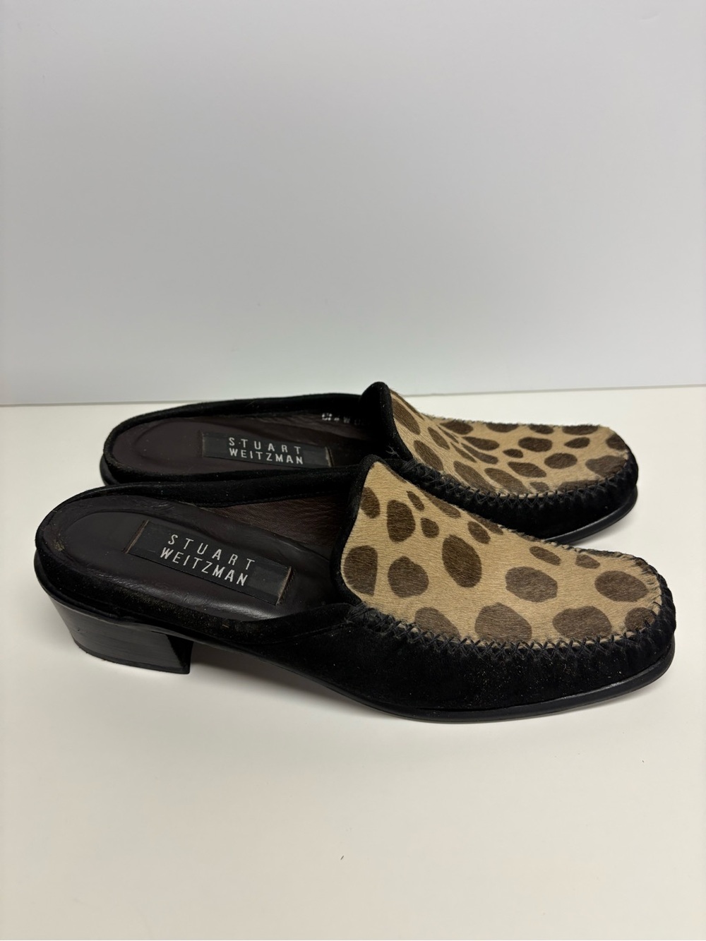 Stuart Weitzman Black and Leopard Print Mule Clogs
